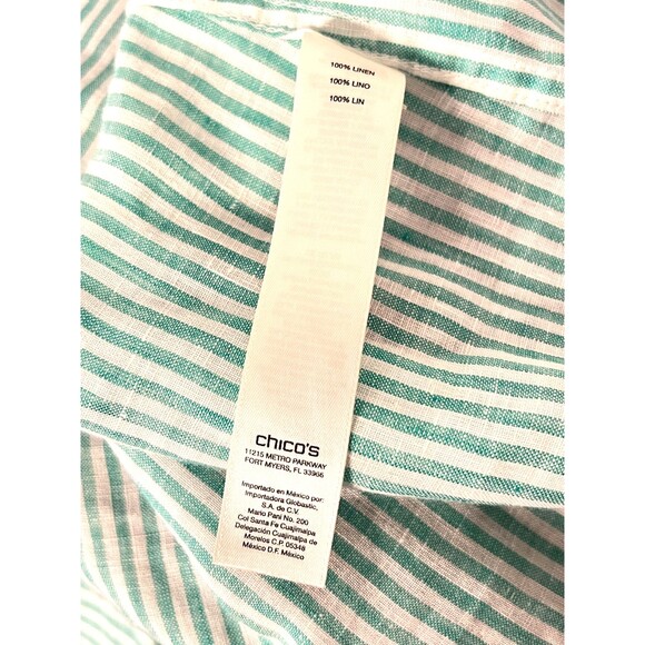 Chico's 100% Linen Shirt Blouse Women's Sz 2 Knot Tie Button Green White Stripe - Picture 7 of 9